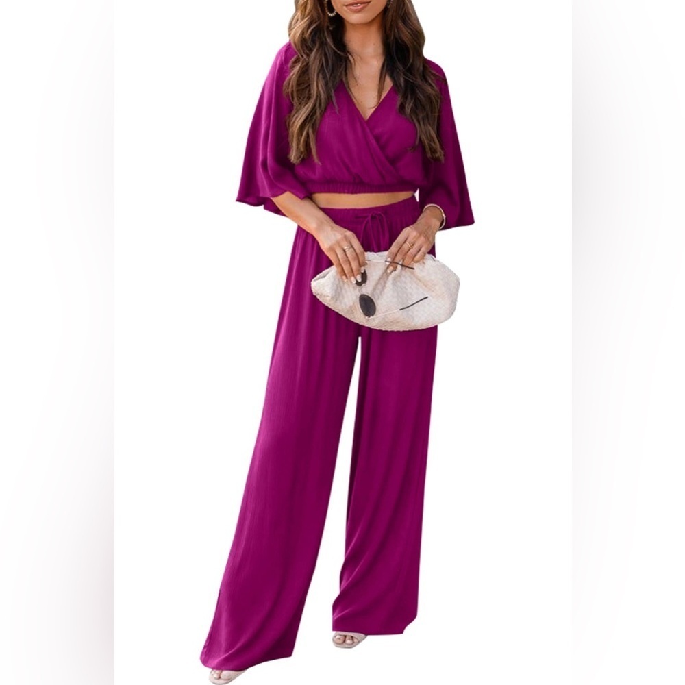 PRETTYGARDEN 2 Piece Outfits For 2024 Summer Wide Leg Pants Set Purple Size M